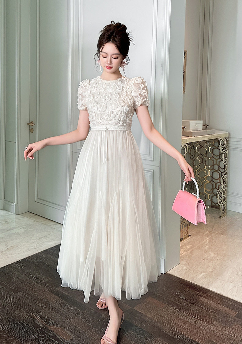 Đầm suông nữ tay ngắn cổ tròn chất liệu lưới voan phối ren nổi 3D — [Hồng], [Mơ] chi tiết 13
