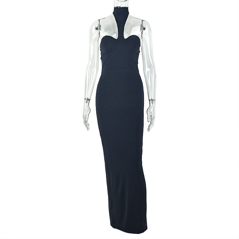 Elegant Womens Backless Bodycon Dress Solid Color Halter Neck Slim Fit Chic Style Perfect for Parties and Events