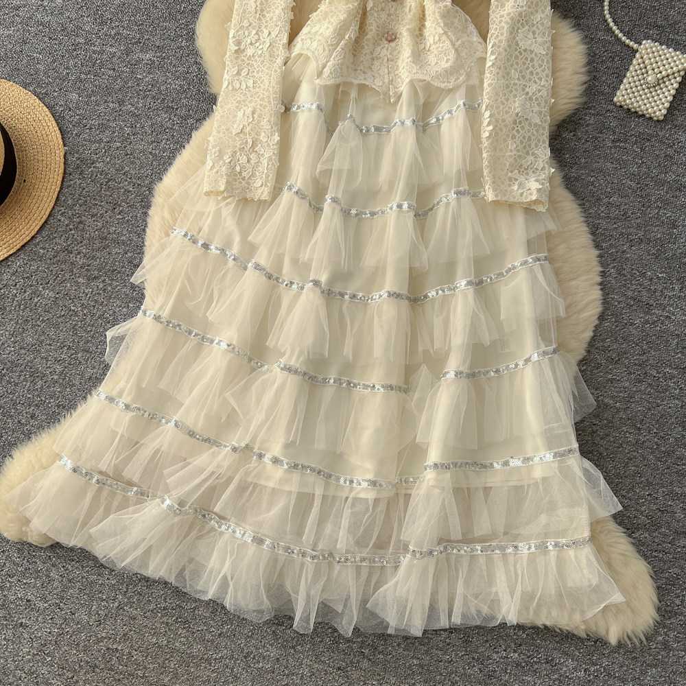 Korean Style Square Neck Long Sleeve Dress Beaded Lace Panel High Waist Embroidered A Line Elegant Office Wear
