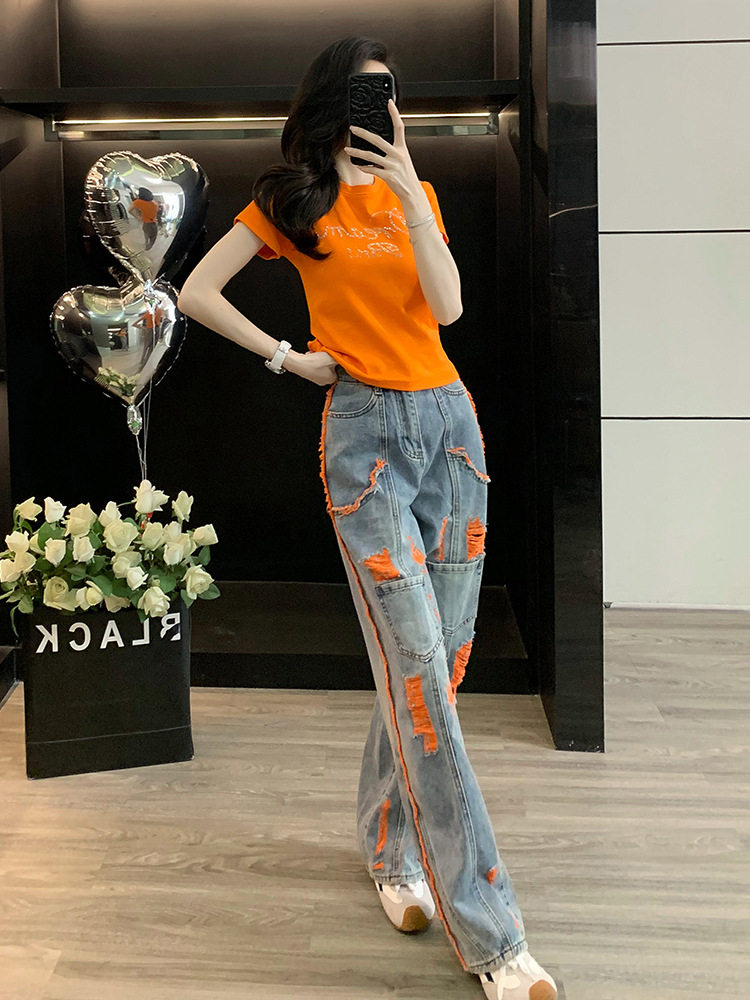 Street-Style Short-Sleeved T-Shirt Fashion Suit for Women Summer New Slim-Fitting Short Fashionable Jeans Orange Edge Two-Piece Set