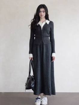 Autumn and Winter New Fake Two-Piece Women's Contrasting Color Polo Collar Waist Knitwear Knitwear Elastic Waist Skirt Two-Piece Suit