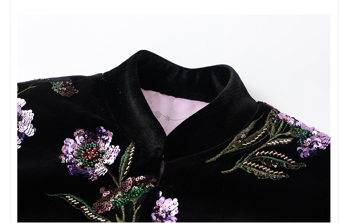 Áo khoác dạ thêu họa tiết hoa rực rỡ dáng cổ chữ V — Màu đen [phiên bản cotton], Áo khoác tay lông đà điểu [phiên bản cotton]
