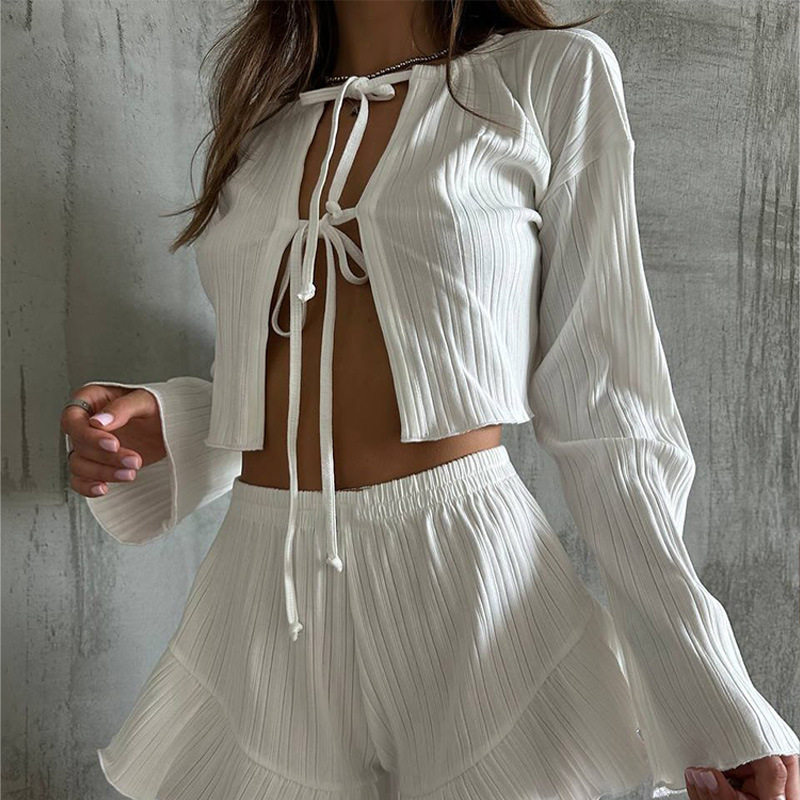 Summer Casual Two Piece Set Loose Fit Cardigan Top with Drawstring and Shorts Comfortable Home Wear Wholesale Available