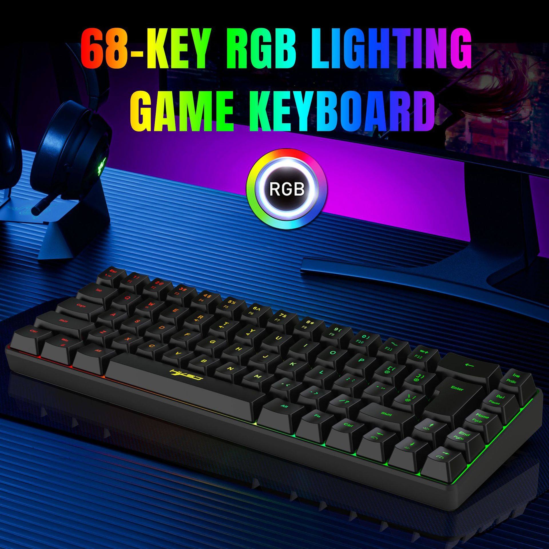 Wired portable 68-key mechanical feel Film gaming keyboard ABS material RGB backlight cross-border in stock