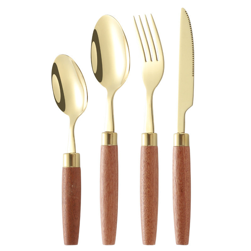 Cross-border 304 stainless steel knife, fork and spoon Japanese style ins wooden handle tableware Western food tableware set retro style logo