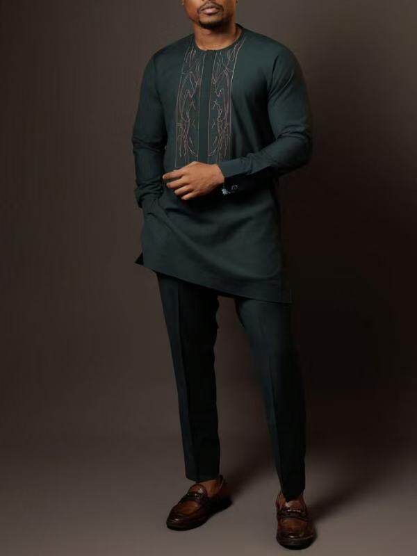 2023非洲民族风男士休闲套装2件套长袖纯色拼接衬衫和裤子套装