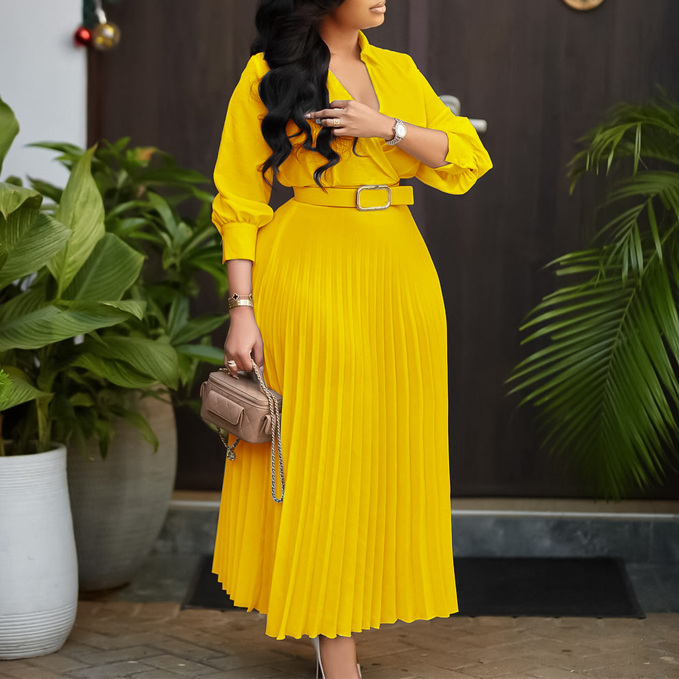 V Neck Long Sleeve Pleated Dress Solid Color Flowy Skirt Fashionable Design Spring Summer Wear Wholesale Available
