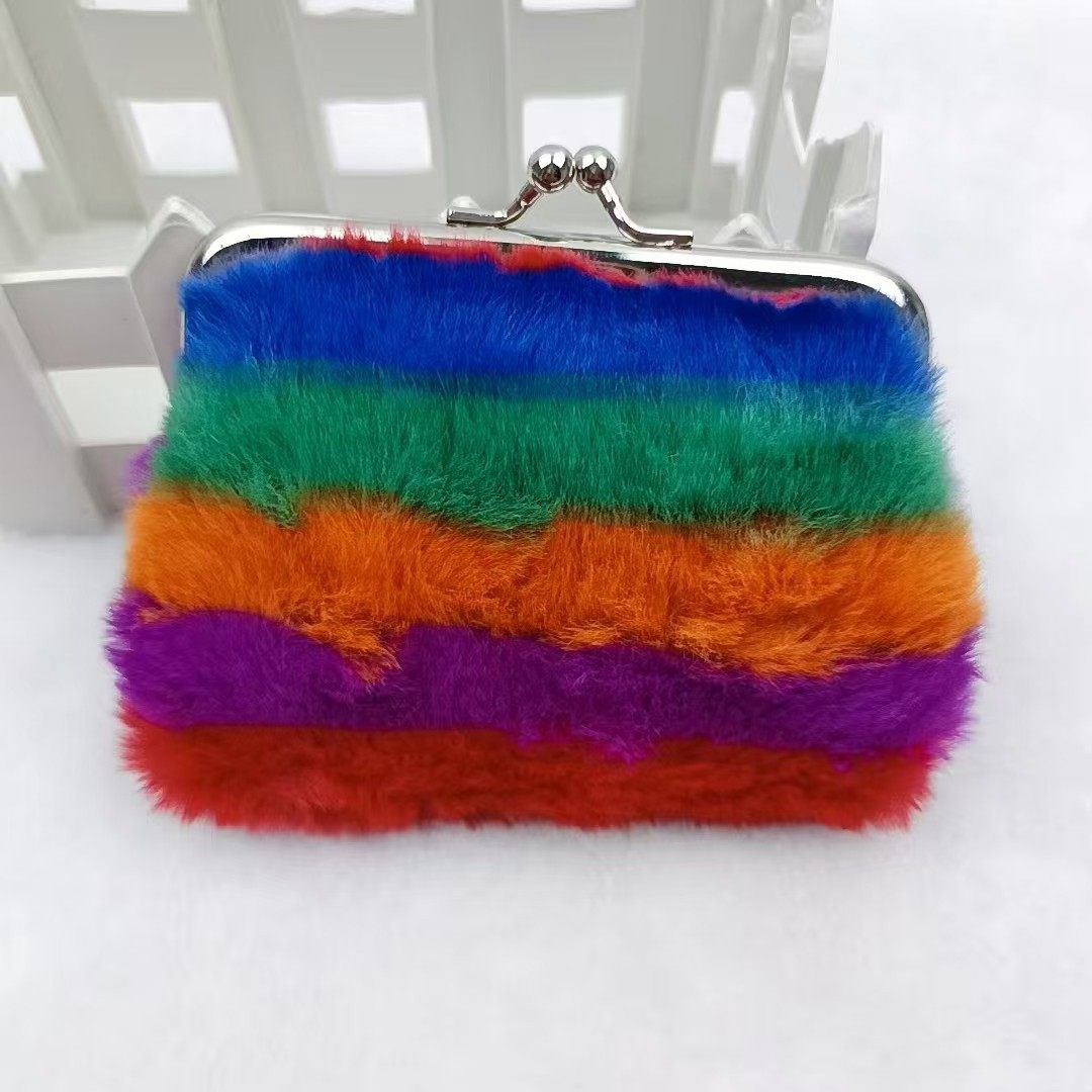 New Stripesd Plush Coin Purse, 4inch Rainbow Bank Card Storage Bag, Small Gift Key Bag