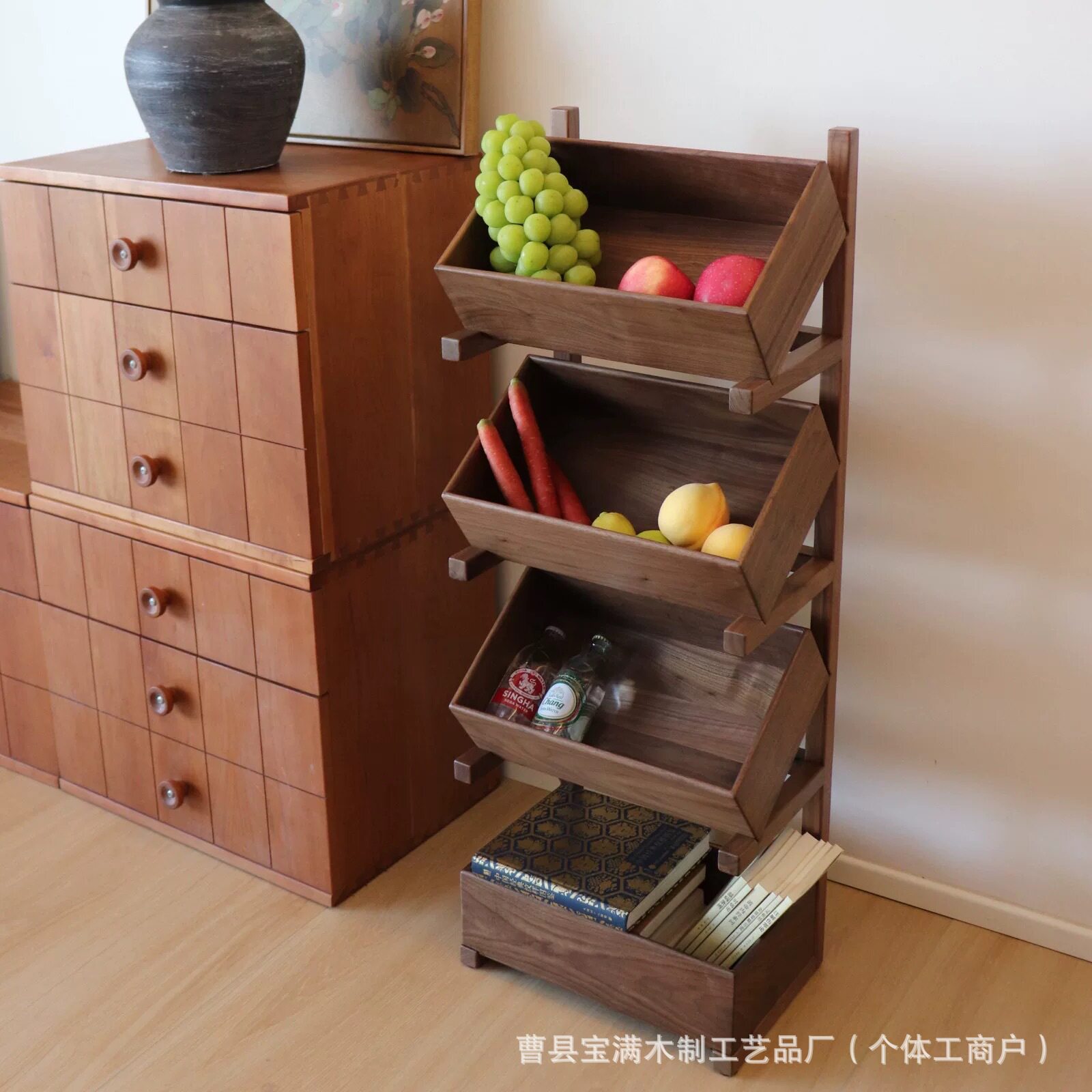 Spot Retro Floor-Standing Storage Rack Living Room Decoration Fruit Storage Basket Multi-Layer Wooden Sundry Storage Rack