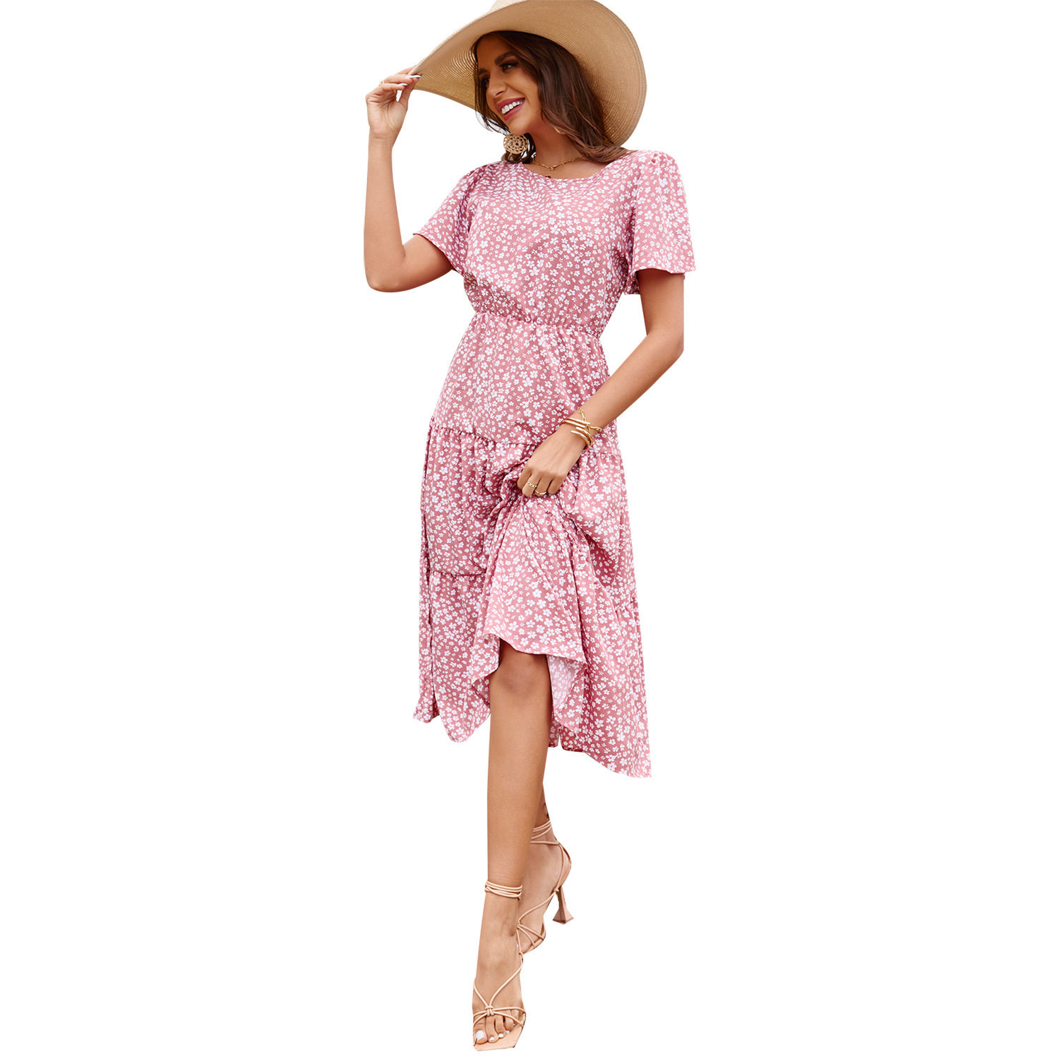 Floral Print Short Sleeve Dress Elegant Vacation Style Perfect for Summer Occasions Available for Wholesale