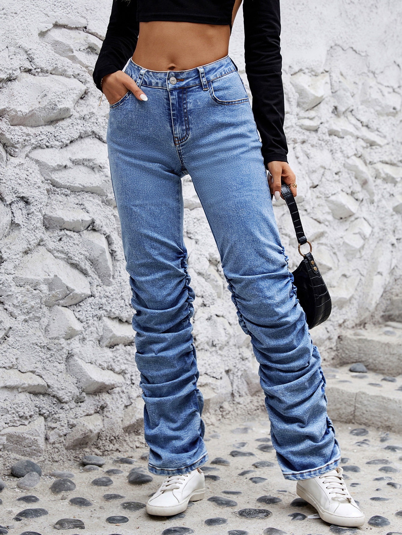 Womens Casual Layered Wide Leg Wrinkled Denim Pants Stretchy Fabric Relaxed Fit Trendy Style Wholesale Available