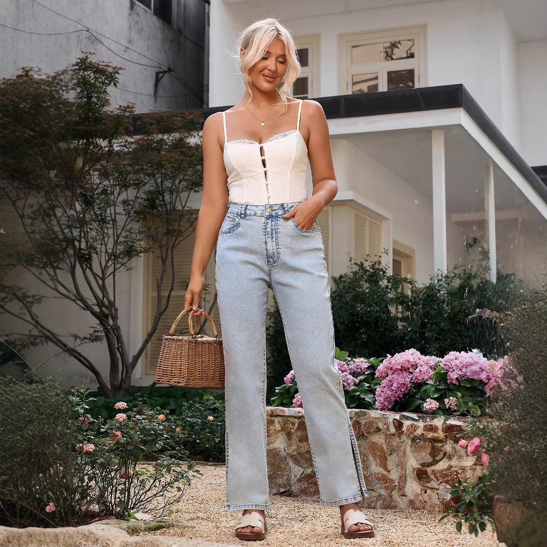 Casual Straight Leg Denim Jeans High Split Design European and American Style Comfortable Fit Wholesale Available