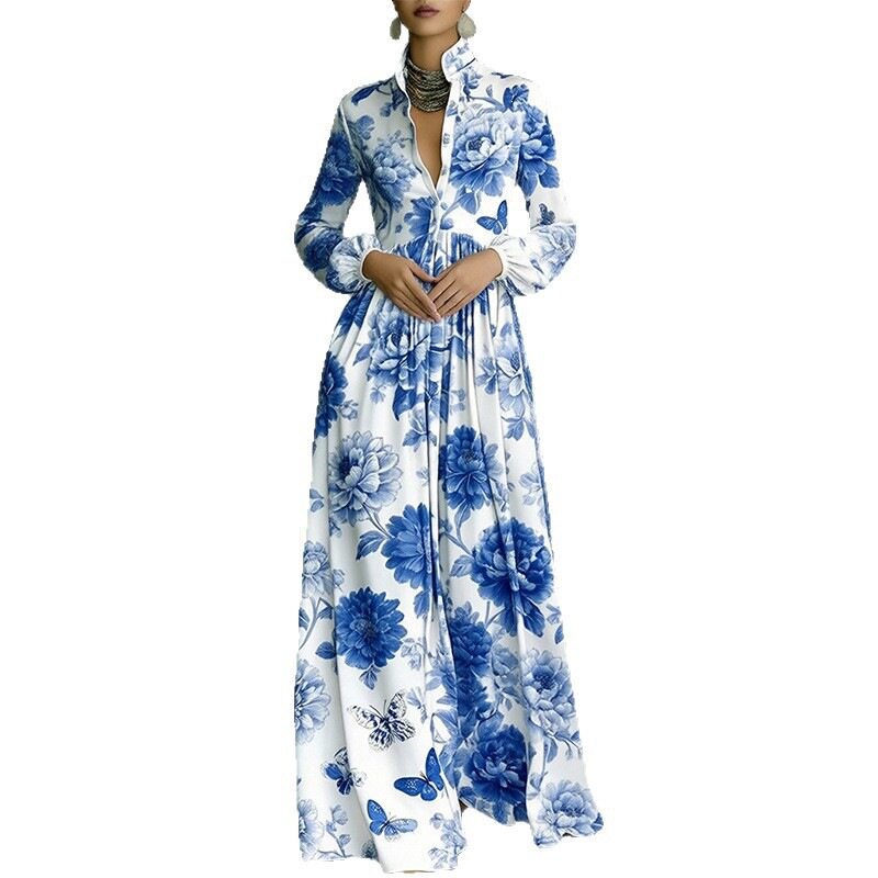 French Style Elegant Casual Loose Printed Maxi Dress Lightweight Fabric Floral Design Perfect for Spring Summer