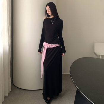 Dress Suit for Women, Design with Slanted Shoulders, Slim Long-Sleeved T-Shirt for Women + Color-Blocked Strappy Hip-Covering Long Skirt Two-Piece Set for Autumn