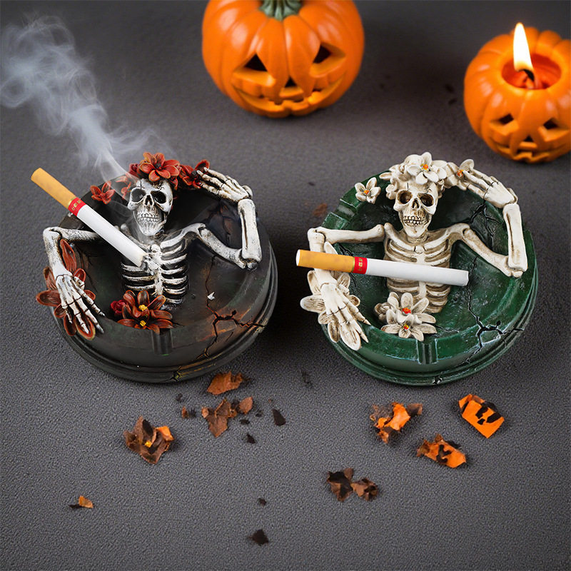 Personalized Halloween Flower Skull Ashtray, Trendy and Cool Gift for Boys, Resin Desktop Ornament, Home Decoration