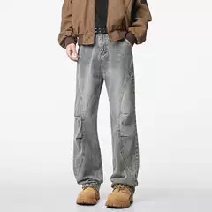 American Retro Deconstructed Distressed Washed Jeans for Men, Trendy Loose High Street Versatile Straight Wide-Leg Casual Long Pants