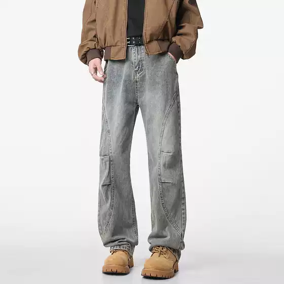 American Retro Deconstructed Distressed Washed Jeans for Men, Trendy Loose High Street Versatile Straight Wide-Leg Casual Long Pants