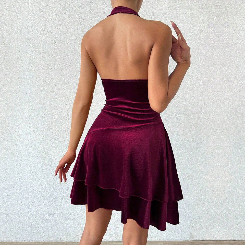 Velvet Halter Mini Dress Sexy Elegant Comfortable Spring Summer Party Wear Wholesale Available