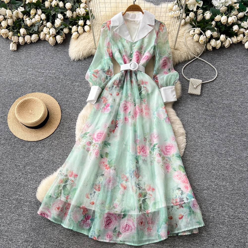 French Romantic V Neck Lantern Sleeve Floral Maxi Dress Slim Fit Waist Defining A Line Silhouette Perfect for Spring