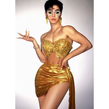 Foreign Trade Independent Site Hot Style Golden See-Through Tube Top + Drape Skirt Suit Fashionable Hot Party Performance Dress