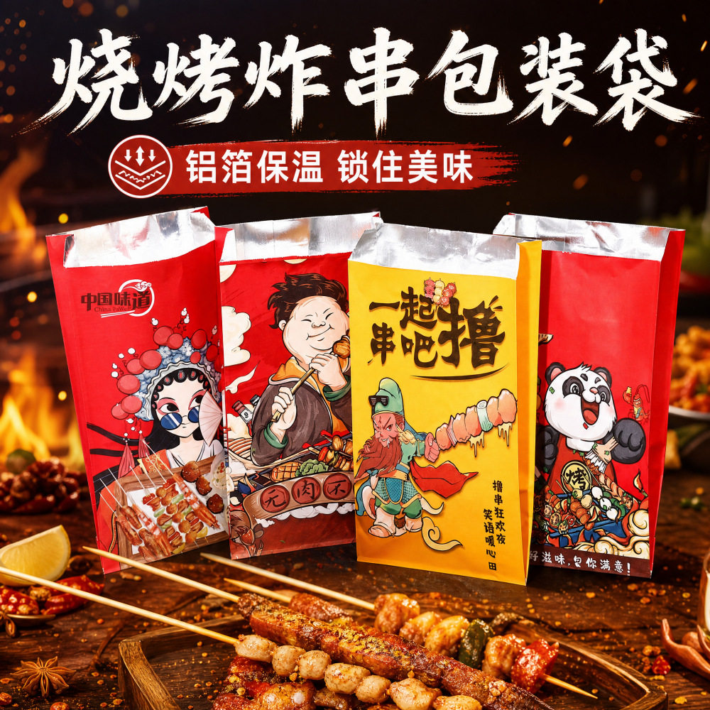 ถุงบรรจุภัณฑ์บาร์บีคิว ถุงกระดาษชนิดมีฝาปิด ถุงอลูมิเนียมฟอยล์กันความร้อน ถุงพิเศษสำหรับเสียบไม้ย่าง ถุงบรรจุภัณฑ์กันน้ำมัน สำหรับใช้ในเชิงพาณิชย์