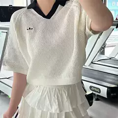 0198 Cross-Border Three-Leaf Embroidered Logo Mesh Knit Cover-Up Shirt for Women, Summer Hollow-Out Fashion Top with Turn-Down Collar and Short Sleeves T-Shirt