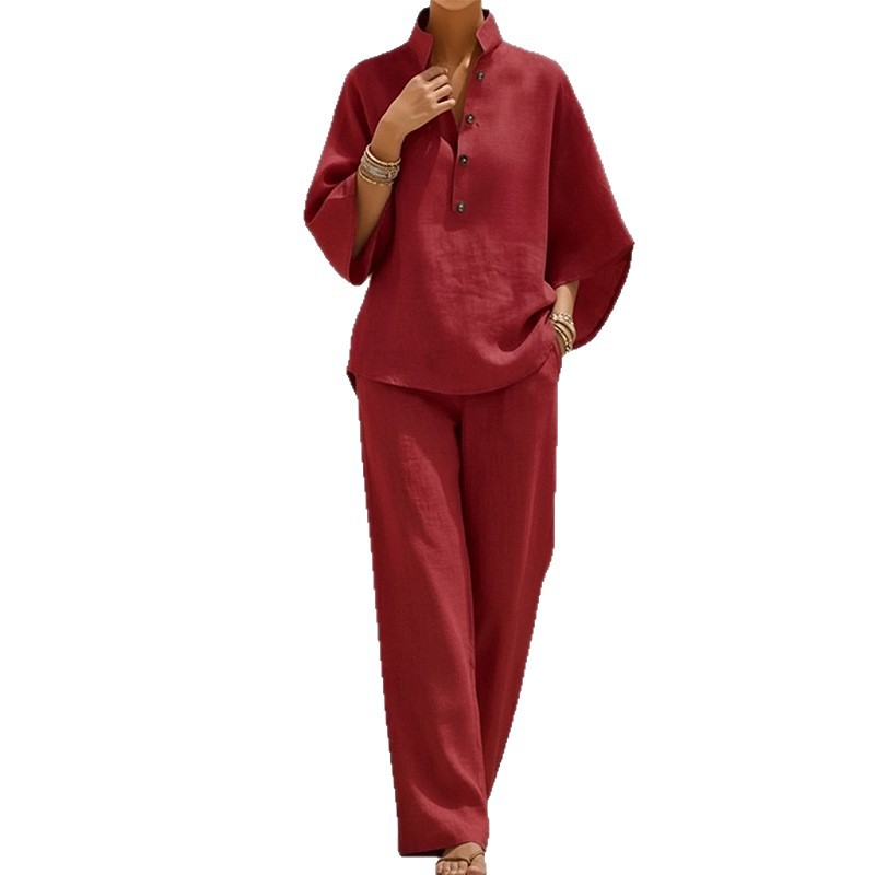 Womens Spring Casual Set Loose Fit Solid Color Top and Long Pants Perfect for Everyday Wear Wholesale Available