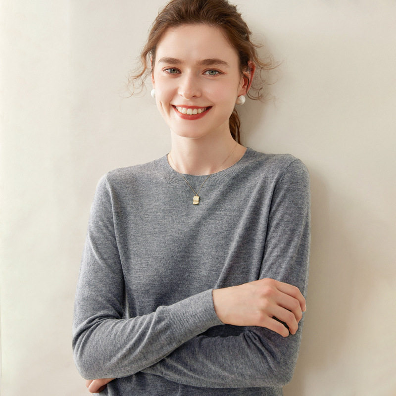 美丽诺精纺超细100纯羊毛衫女士薄款圆领套头毛衣内搭针织打底衫