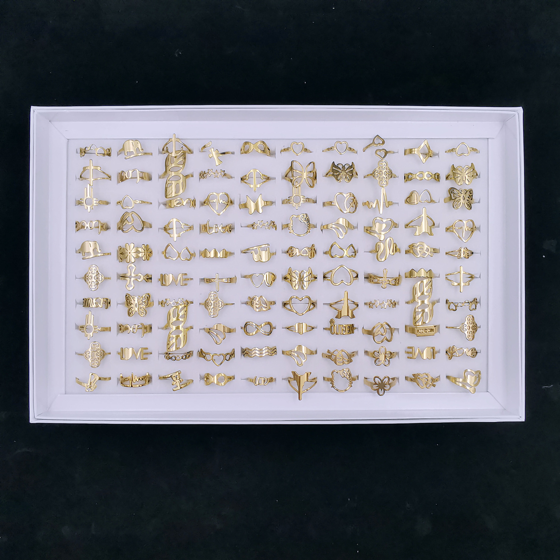 跨境外销-不锈钢花戒金色-镀真金-切割戒指多款式多图案混款混码