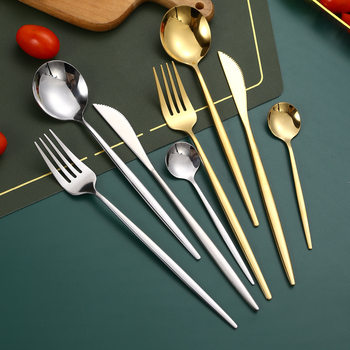 Cross-border 410 Stainless Steel Portuguese Tableware Set Western Steak Knife and Fork Spoon Golden Spoon Long Handle Mixing Spoon