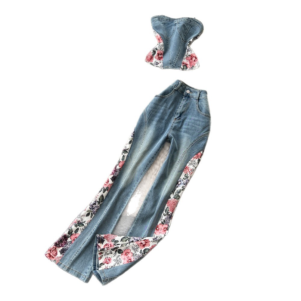 Vintage Floral Embroidered Denim Pants for Women Slim Fit Summer Style Two Piece Set Fashionable and Elegant Outfit