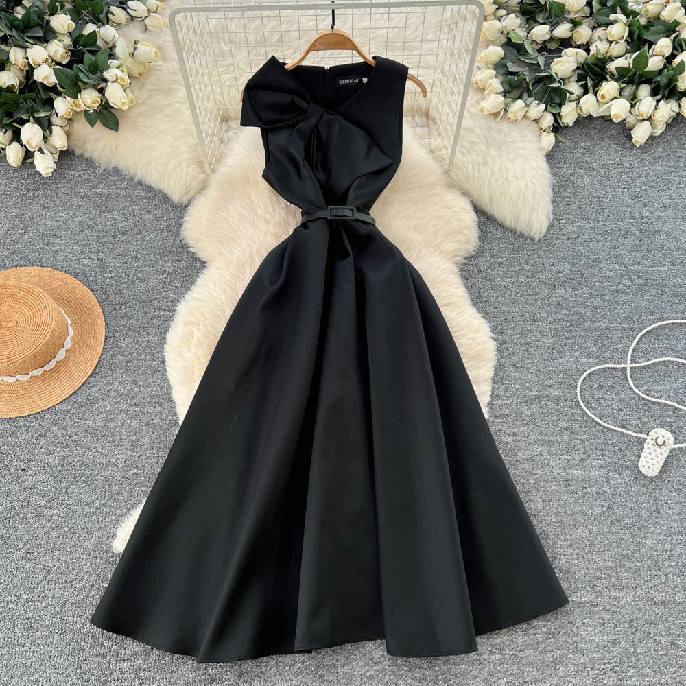 Elegant Womens Dress French Style 3D Bow V Neck Sleeveless Waist Defining Perfect for Formal Occasions