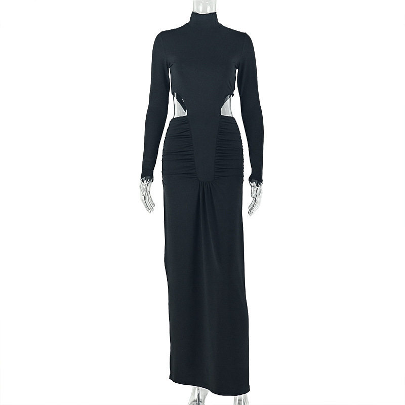 Womens Bodycon Dress Solid Color Ruffled Hem High Neck Long Sleeve Stylish for Office Wear or Casual Events