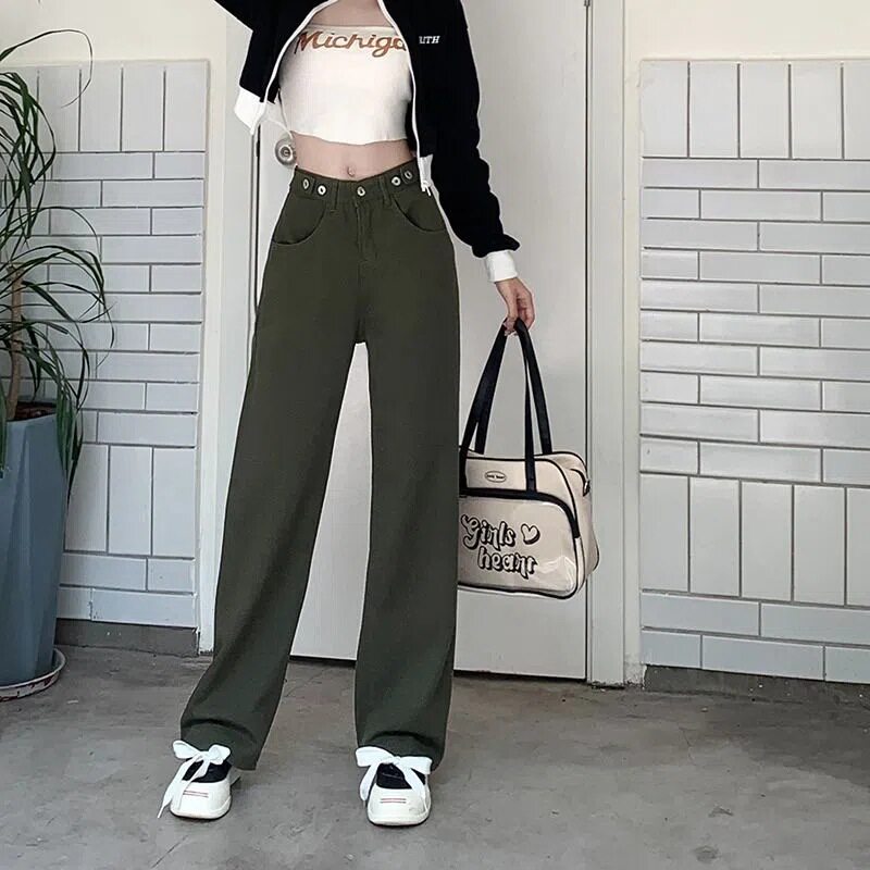 Plus Size Vintage High Waisted Slimming Jeans Loose Fit Straight Leg Green Color Autumn Casual Wear Wholesale