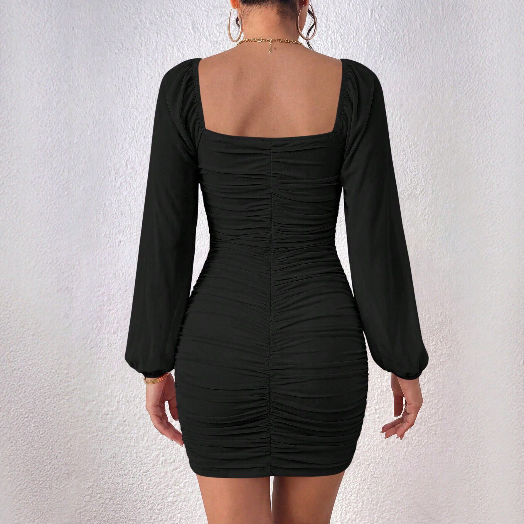 Square Neck Ruched Bodycon Dress Puff Long Sleeves Slim Fit Trendy Style Perfect for Parties or Night Out Wholesale