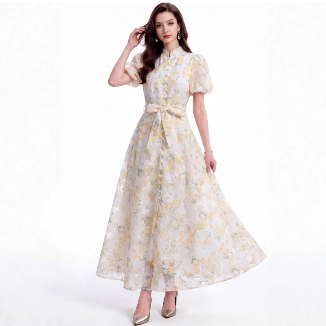 Romantic Rose Print Mesh Puff Sleeve Dress Summer Pearl Button Waist Defined Long Length Perfect for Casual or
