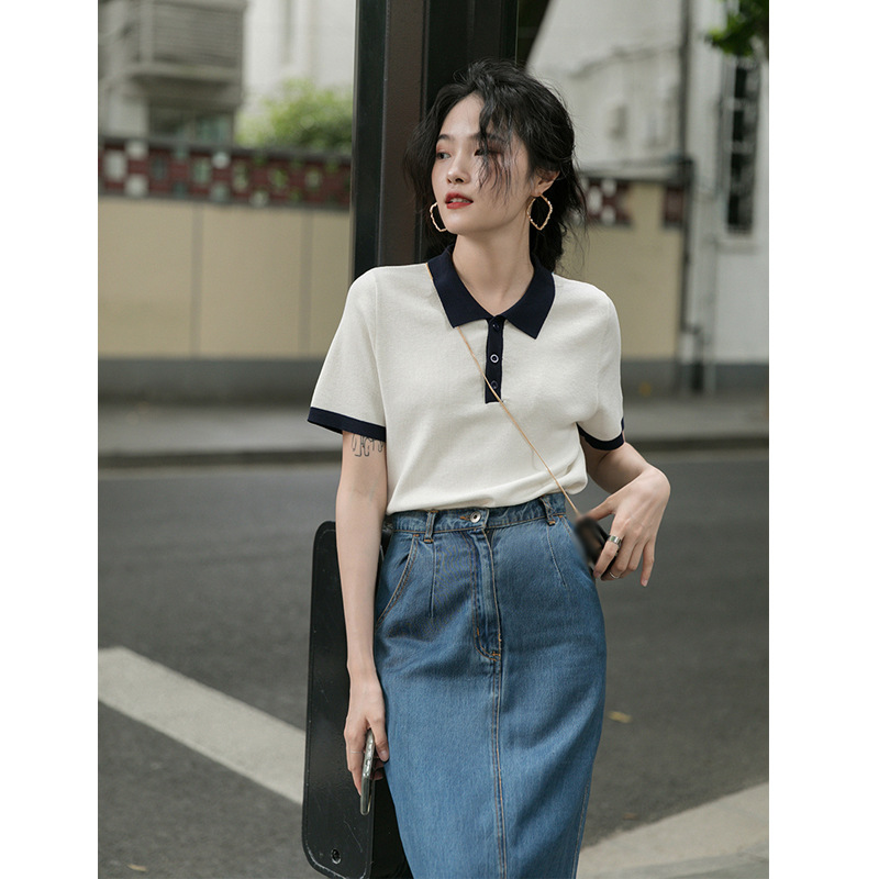 Simple French Knitwear Short sleeve Female Summer Design Sense polo Shirts Jacket Short Early spring New 2022Commuter Wind  简约法式针织衫短袖女夏设计感polo衫上衣短款早春新款2022通勤风 Simple French Knitwear Short sleeve Female Summer Design Sense polo Shirts Jacket Short Early spring New 2022Commuter Wind 