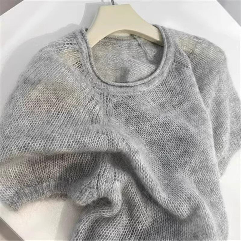 เสื้อสเวตเตอร์แขนพองแบบใหม่ ผ้าโมแฮร์ แขนสั้น สำหรับผู้หญิง ฤดูใบไม้ร่วงและฤดูหนาว เสื้อสวมหัวคอกลม ไฮเอนด์ เสื้อท็อป