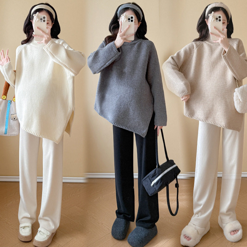 Maternity Sweater Autumn and Winter New Style Irregular Lazy Style Loose Slimming Knitted Top for Pregnant Women