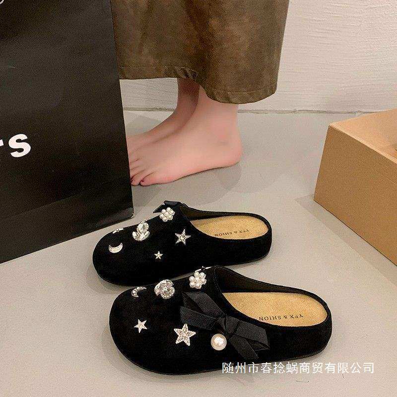 2025 New Early Spring Niche Outer Wear Birkenstock Rhinestone Sweet and Cool Flat Toe Thick-Soled Slippers for Women