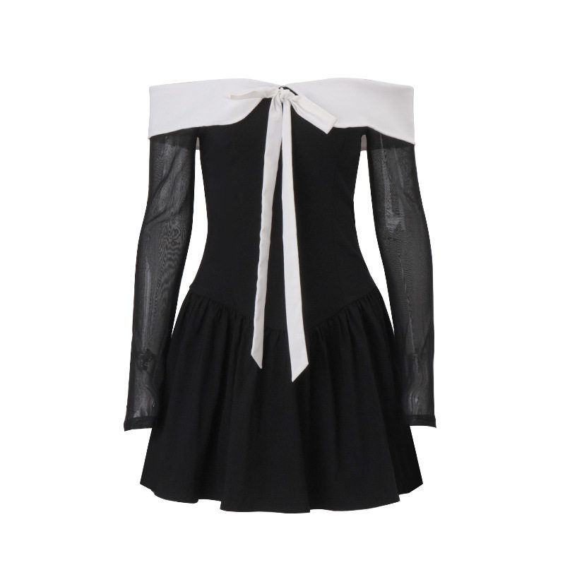 Cute Bow Tie Dress Color Block Design Doll Collar Short Length Autumn Fashion for College Style Wholesale Available