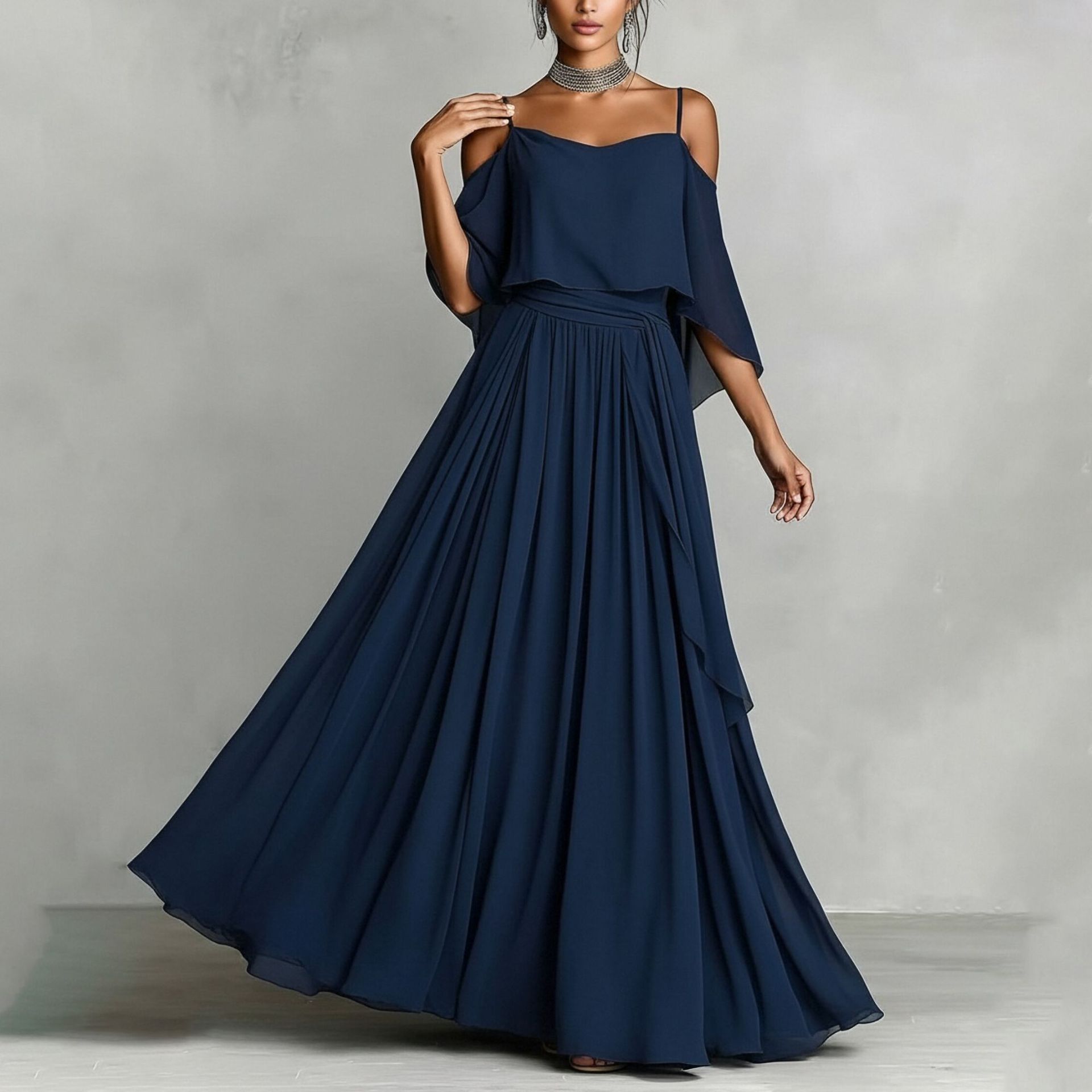 Elegant Womens Maxi Dress Lightweight Solid Color Pleated Design Mesh Details Summer Occasion Wholesale Available