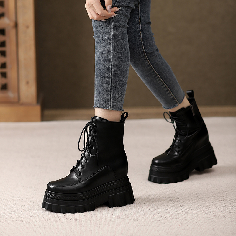 Boot Martin nữ đế dày tăng chiều cao 10cm, cổ thấp gót nêm da bò thật — Lớp lót đơn màu đen, Lớp lót đơn màu nâu sẫm, Lớp lót nhung đen, Lớp lót nhung màu nâu sẫm