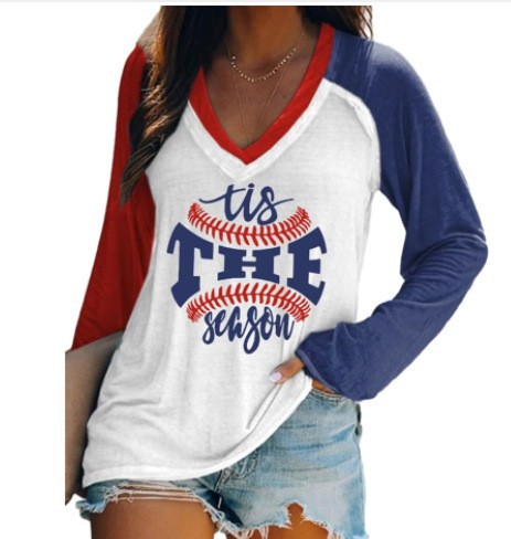 外贸跨境夏季女装简约休闲v领长袖T恤印花T恤女 独立站厂家货源