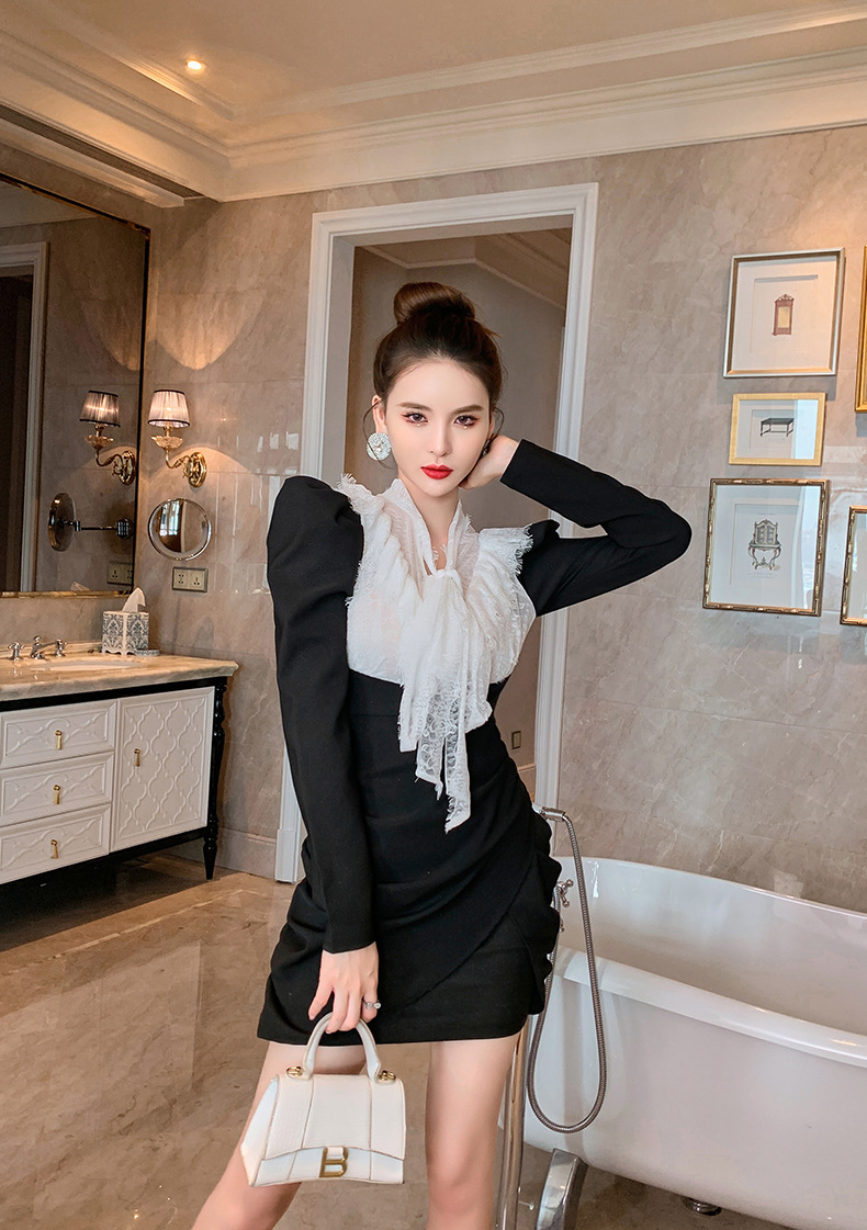 Đầm bodycon nữ dài tay cổ chữ V phối ren nơ thắt eo — Màu đen