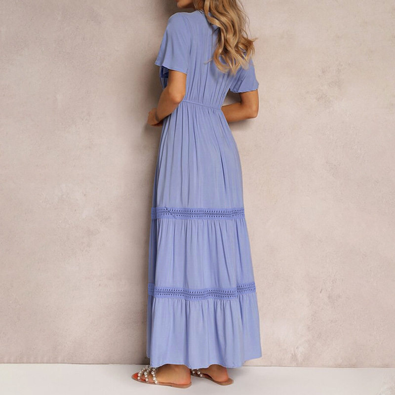 Elegant V Neck Ruffle Sleeve Dress Solid Color Lace Trim Chic Design Perfect for Parties or Casual Outings OEM