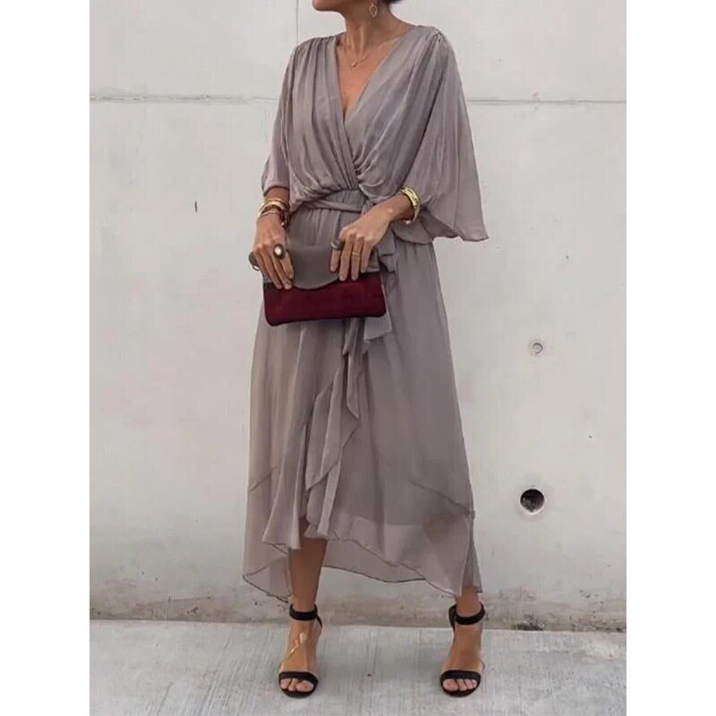 Batwing Sleeve Irregular Maxi Dress Solid Color Plus Size Elegant Design Perfect for Casual or Formal Occasions