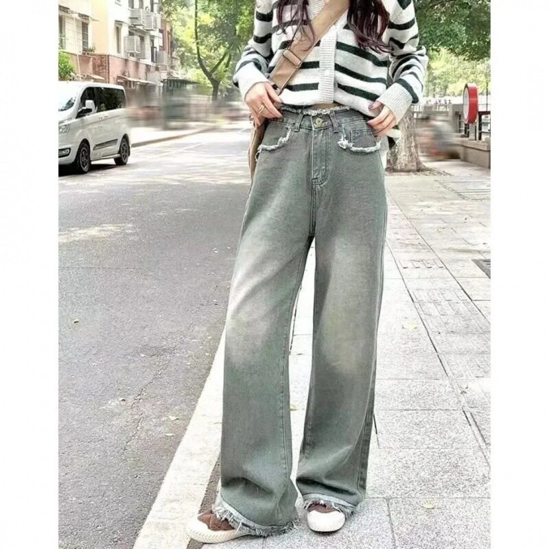High Waisted Loose Fit Distressed Green Denim Jeans Retro Style Straight Leg Versatile for Casual Wear Wholesale