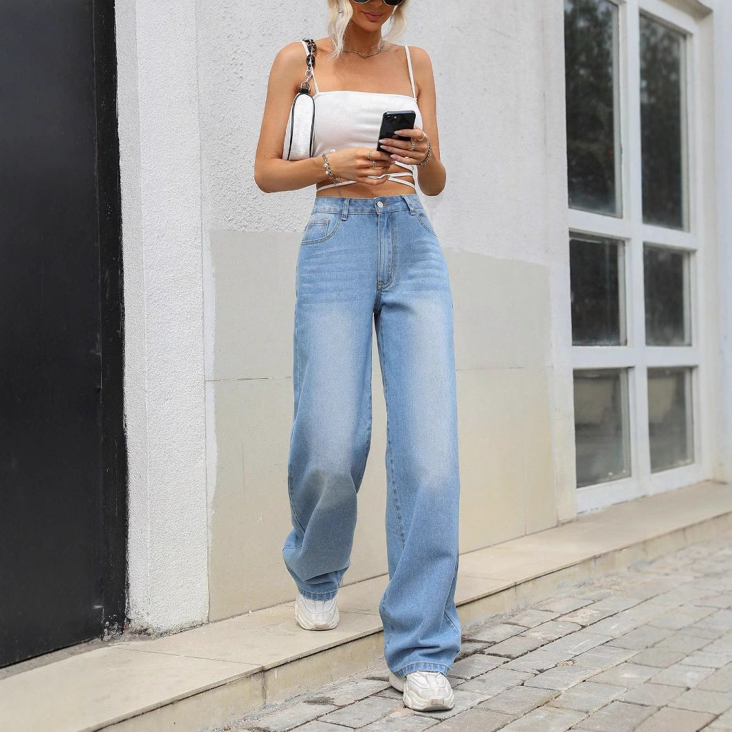 Vintage Wide Leg Denim Pants Loose Fit Retro Style High Waist Casual Wear for Women Wholesale Available