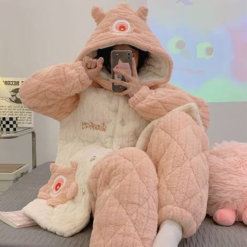 Three-Layer Quilted Confinement Clothing, Winter Coral Velvet Maternity Pajamas, Pregnancy Autumn and Winter Fleece-Lined and Thickeneding, Postpartum Breastfeeding